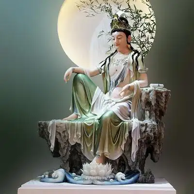 家用汉白玉光彩自在观音佛像居家供奉水月观音菩萨坐莲摆件