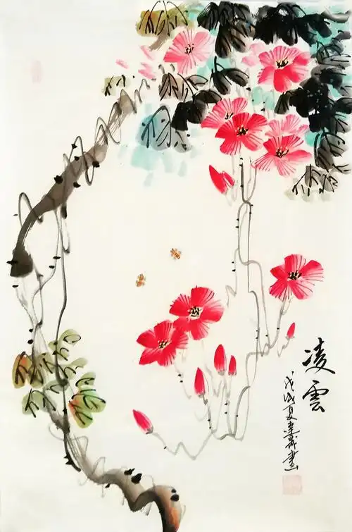 凌霄竖幅三开四尺装饰画手绘走廊餐厅花鸟画写意国画