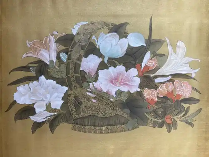 临宋代绢画工笔花鸟 花篮图>