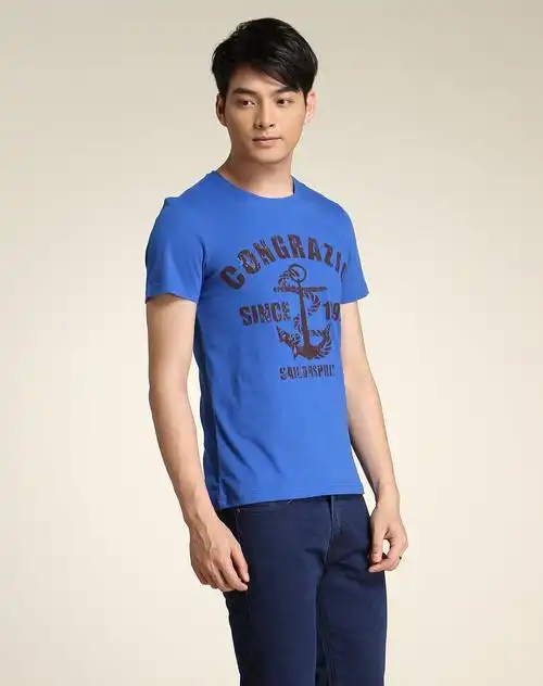 亮青蓝色简约印花短袖t恤