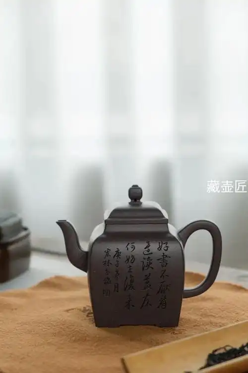 紫砂壶刻陈宏林「鸣远四方」研高作品原矿天青泥290cc-藏壶匠