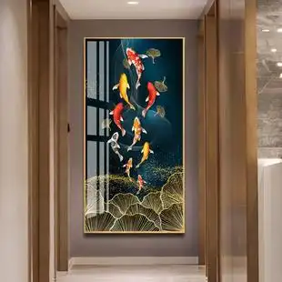 饰画竖版现代简约轻奢走廊过道挂画客厅壁画九鱼聚财图入户玄关装