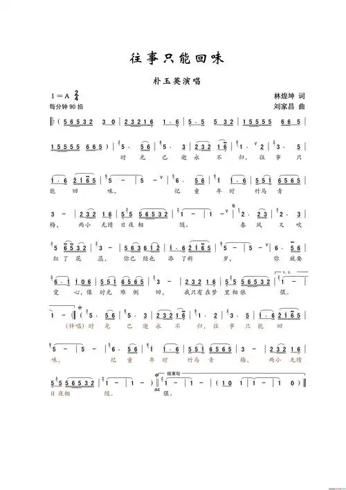 《往事只能回味》林煌坤作词 刘家昌作曲 朴玉英演唱 ,原创歌曲简谱