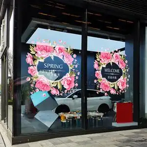 美丽春天花环海报贴画女装店橱窗装饰美容美妆店田园花卉玻璃门套